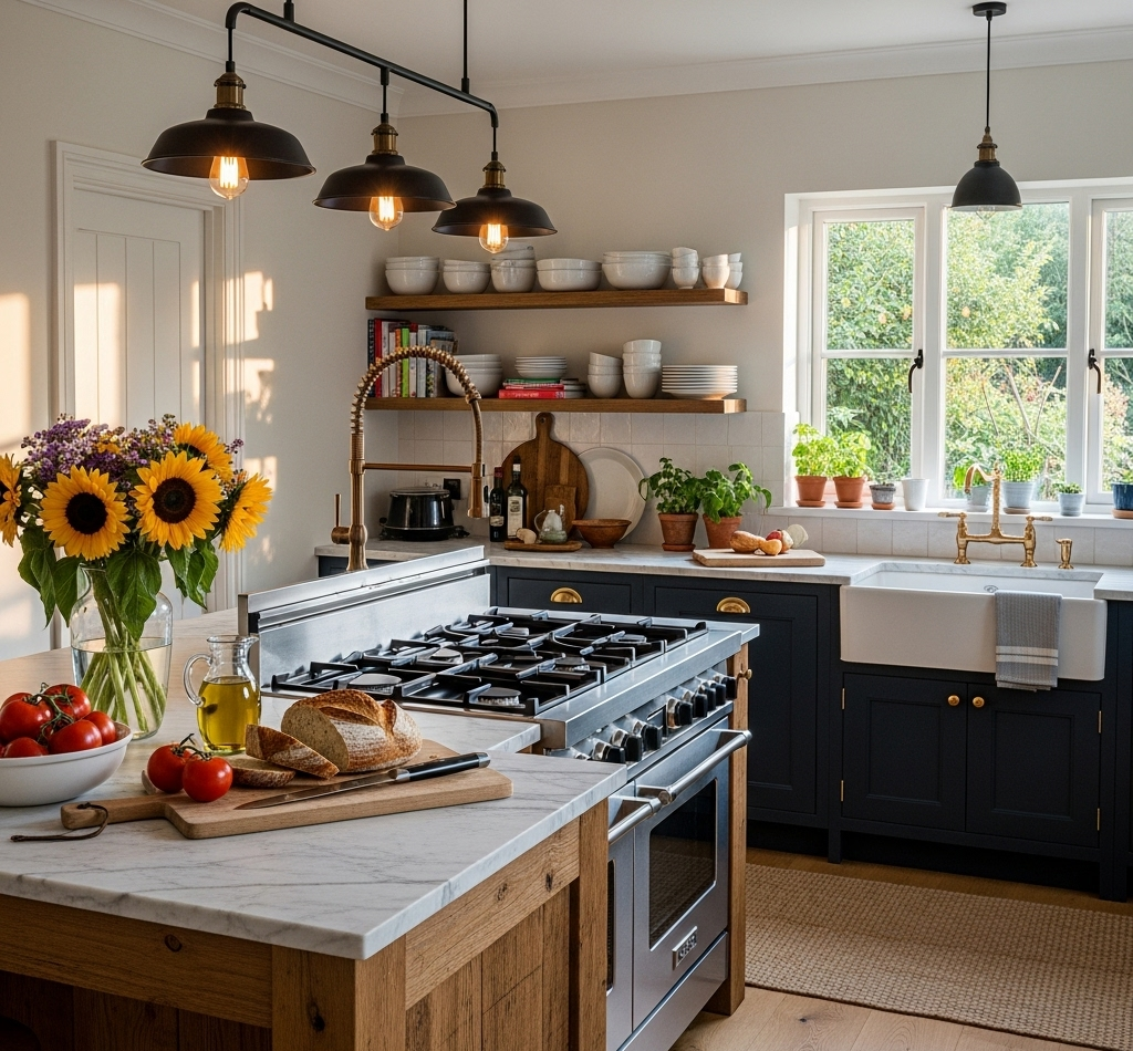 A kitchen with a stove and refrigerator